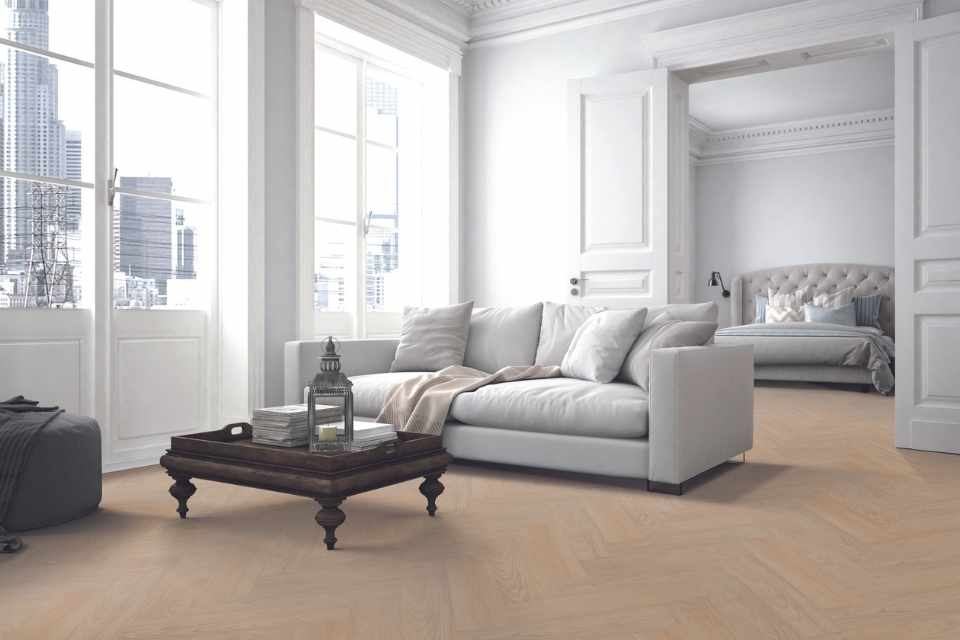 blonde white oak herringbone hardwood in living room